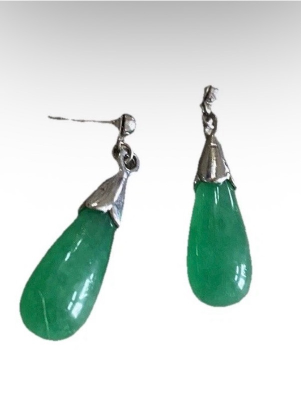 Verdite Earrings Green Teardrop Dangle Silver Tone NG 1.5 Inches